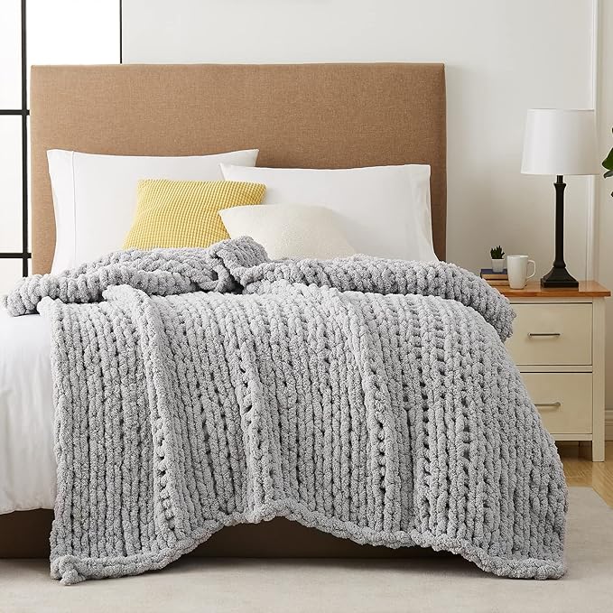 L'AGRATY Chunky Knit Blanket Throw: 80''x90'' Chenille Chunky Knitted Throw Blanket for Bed Couch - Handmade Thick Big Cable Knit Blanket - Large Chunky Crochet Rope Blanket for Home Decor(Grey)