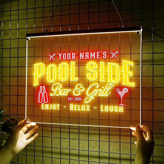 Personalized Pool Side Bar & Grill Neon Sign, Custom LED Wall Light for Backyard, Patio, Outdoor Bar, BBQ Area, Fun Gift for Grill Lovers
