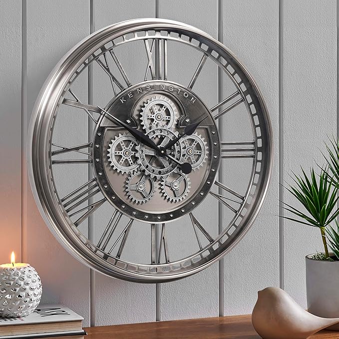 CLXEAST 28 Inch Original Real Moving Gear Wall Clock Roman Numerals,Oversized Large Wall Clocks for Modern Farmhouse Living Room Home Decor,Brushed Gunmetal