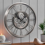 CLXEAST 28 Inch Original Real Moving Gear Wall Clock Roman Numerals,Oversized Large Wall Clocks for Modern Farmhouse Living Room Home Decor,Brushed Gunmetal