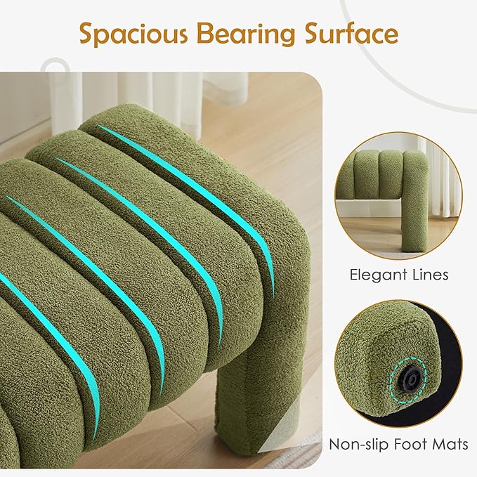 43.3" Bedroom Bench, Upholstered Entryway Bench, Modern End of Bed Ottoman with Solid Wood Legs and Adjustable Foot Pegs for Entryway, Dining Room and Living Room (Green Boucle)