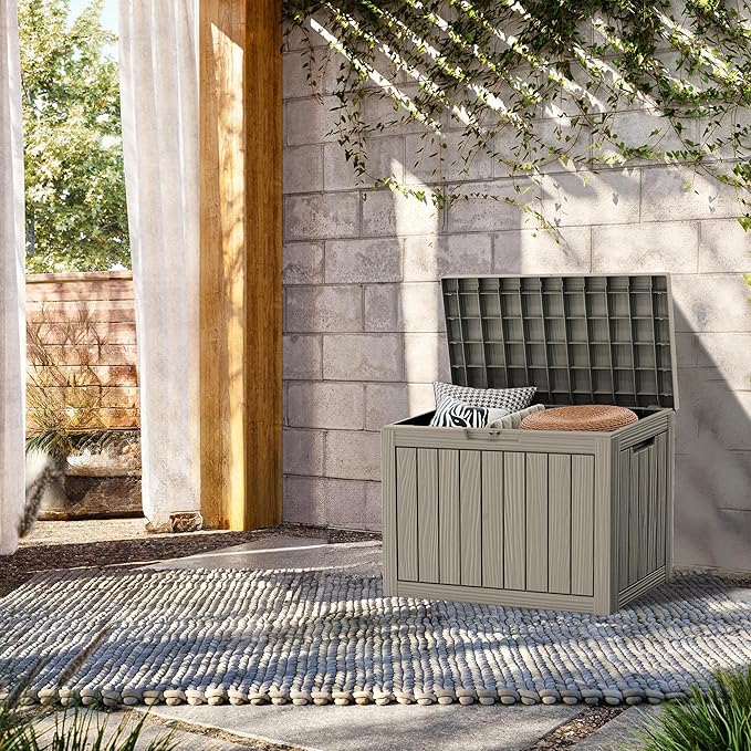 45 Gallon Lockable Resin Deck Box, Waterproof & UV-Resistant Outdoor Storage Box for Outdoor Cushion Storage, Garden Tools & Pool Accessories Storage, Gray