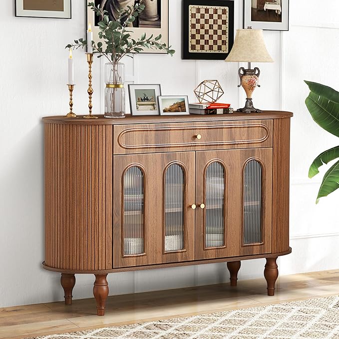 47'' Fluted Sideboard Buffer Cabinet with Drawer, Modern Credenza Storage Cabinet, Bar Cabinet Console Table with Tambour Sliding Side for Living Dining Room Kitchen Hallway Entryway, Walnut