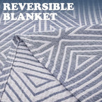 jinchan Boho 100% Cotton Blanket Muslin 50x60 Inches Lightweight 3-Layer Geometric Triangle Striped Pattern Reversible Quilt Throw Soft Breathable Comfy All Seasons for Couch Bed Decor, Blue