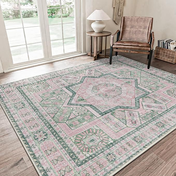 DCX Washable 8x10 Area Rug, Soft Machine Washable Non Slip with Rubber Backing Vintage Rug, Kid & Pet Friendly Living Room Area Rugs 8x10, Foldable Rugs for Bedroom Dining Room Office-Pink & Green