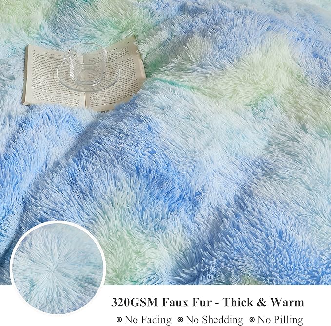 XeGe Plush Faux Fur Rainbow Throw Blanket, Tie Dye 50x60 Shaggy Furry Blanket Throw, Fluffy Microfiber Velvet Couch Blanket, Soft Colorful Fuzzy Lap Blanket for Girls Teens Women Kid Rainbow Blue