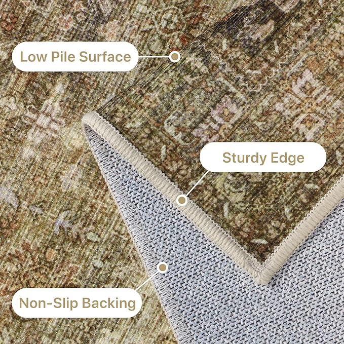 GENIMO 8X10 Area Rugs for Living Room, Machine Washable Non Slip Vintage Floral Patchwork Rug, Thin Low Pile Chenille Carpet Rugs for Bedroom, Dining Room, Straw