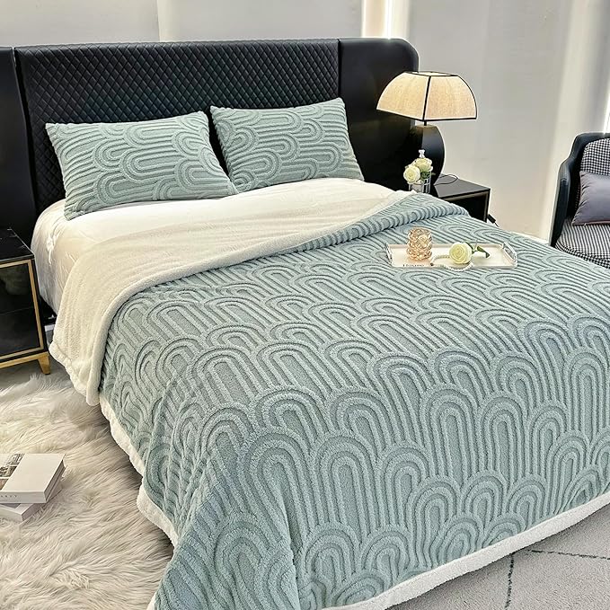 UKELER Sherpa Bed Blanket 80 × 90 inch, Ultra Soft Queen Size Throw Blanket for All Season, Cozy Plush Arch Fleece Blankets for Bedroom Living Room Dorm Hostel Sofa Camping, Light Green