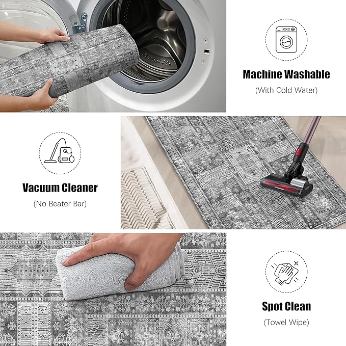 Vintage 2'6'' x 8' Washable Area Rug - Stylish Indoor Rug for Living, Dining or Bedroom - Lightweight Carpet with Non-Slip Backing - Foldable for Easy Placement and Maintenance - Grey