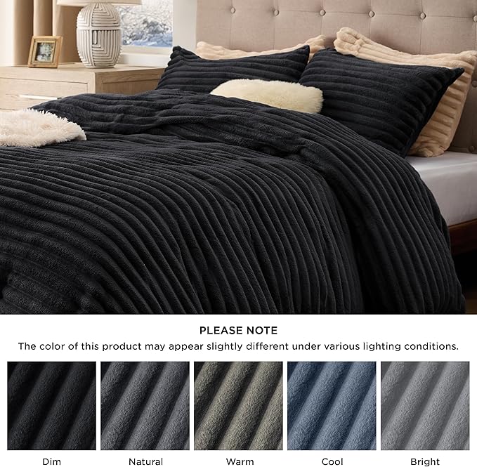 Bedsure Fluffy Duvet Cover Set - Ultra Soft Plush Shaggy Comforter Cover King Size, Warm Flannel Fleece Bed Sets for Winter, 3 Pieces (Striped Pattern, Black)