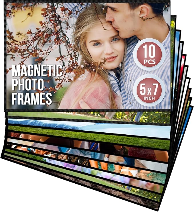 JUZARI 10 Pack 5x7 Magnetic Picture Frames for Refrigerator - Magnet Picture Frames for Fridge - Magnetic Photo Sleeves - Magnetic Photo Frames - Magnetic Picture Holder - Locker Magnet Frames