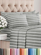 Queen Sheets Set 6 Piece - Includes 4 Pillowcases - Bed Sheets Queen Size - Soft Hotel Luxury Bedding - Cooling, Comfy & Breathable - 1 Flat & 1 Fitted & 4 Pillowcases w/ Deep Pockets - Grey Stripes