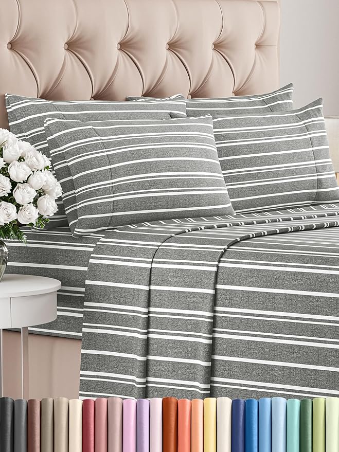 Cal King Sheets Set 6 Piece - Includes 4 Pillowcases - Bed Sheets Cal King Size - Soft Hotel Luxury Bedding - Cooling & Breathable - 1 Flat & 1 Fitted & 4 Pillowcases w/ Deep Pockets - Grey Stripes