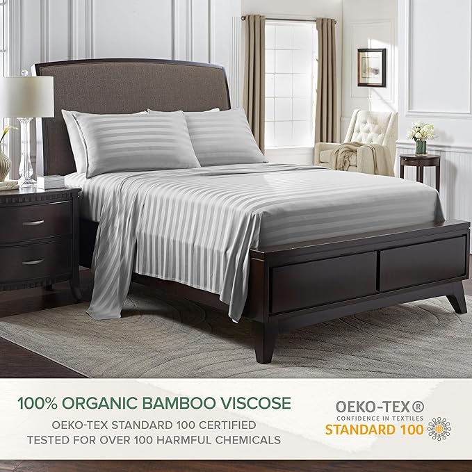 California King Sheets by Pure Bamboo, Genuine 100% Organic Viscose Derived from Bamboo Bed Sheet Set, Soft & Cooling, Double Stitching, Lifetime Quality Promise (California King, Jacquard Silver)