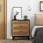 COZAYH Farmhouse 3-Drawer Nightstand, Woven Cane Front Accent Dresser with Brass Pull, Fully-Assembled, Black