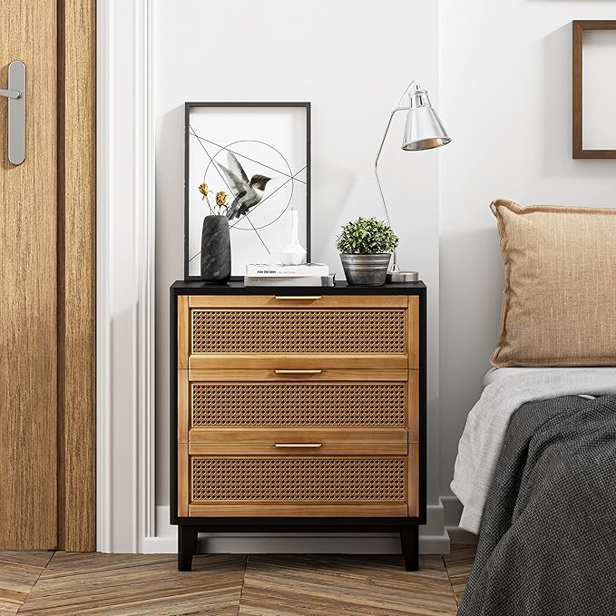 COZAYH Farmhouse 3-Drawer Nightstand, Set of 2 Woven Cane Front Accent Dresser with Brass Pull, Fully-Assembled, Black