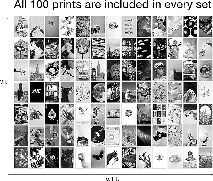 Y2K BOO Black and White Wall Collage Kit - 100 Trendy Monochrome Aesthetic Photos for Sophisticated Spaces, Perfect Room Decor for Teens, 4"x6" Vintage Wall Art for Dorms