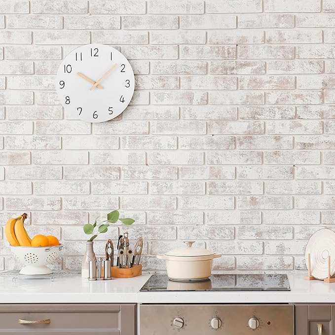 Plumeet 10'' Wooden Wall Clock Small Frameless Clocks with Silent Quartz Movement - Modern Style Village Wall Clocks Decorative Home Kitchen - Battery Operated (White)