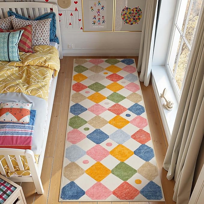 jinchan Runner Rug 2x5 Kids Hallway Washable Rug Indoor Soft Non Slip Modern Diamond Carpet for Nursery Room Bedroom Kitchen Laundry Room Circus on Cream
