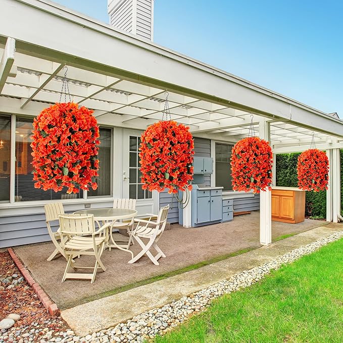 Bougainvillea Artificial Fall Flowers Fake Plants for Outdoors Autumn Decoration, 3PCS Faux Silk Hanging Trailing Vines with Baskets UV Resistant Realistic for Front Door Porch Patio Balcony, Orange
