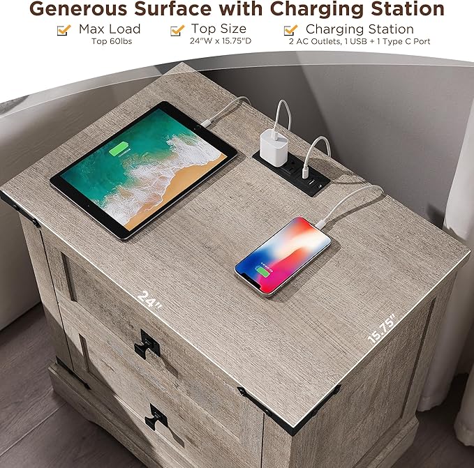 T4TREAM 24" Farmhouse Nightstand with Charging Station, Large End Table with 2 Storage Drawers, Rustic Wood Sofa Bedside Table for Bedroom, Light Rustic Oak