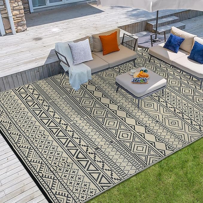 GAOMON Outdoor Rugs Patio Camping Waterproof Rug 6'x9' Plastic Straw Patio Rug Portable for Campers, Outside RVs Mat for Patios Clearance, Backyard Porch, Balcony, Black/Coffee(Bohemia)