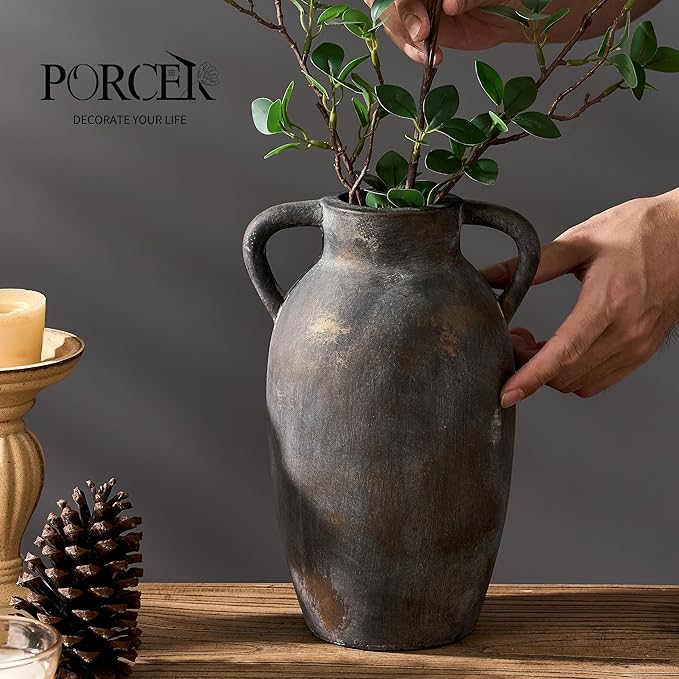 9.84 Inch Terracotta Vase with Handles, Ceramic Rustic Vase for Home Decor, Vintage Antique Farmhouse Decor for Living Room, Table, Thanksgiving - Black Bronze
