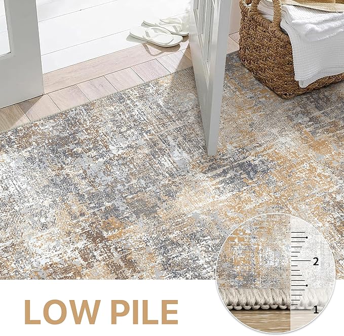 Area Rugs 6x9 for Living Room Bedroom, Modern Abstract Machine Washable Rug, Large Soft Low Pile Floor Cover with Non Slip Backing for Dining Room, Warm Beige Mist