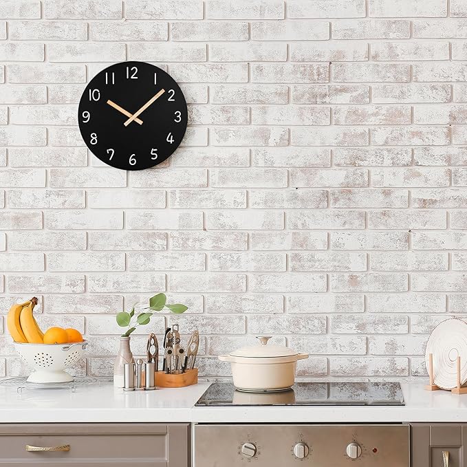 Plumeet 10'' Wooden Wall Clock Small Frameless Clocks with Silent Quartz Movement - Modern Style Village Wall Clocks Decorative Home Kitchen - Battery Operated (Black)