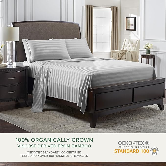 Split King Sheets by Pure Bamboo, Genuine 100% Organic Viscose Derived from Bamboo Bed Sheet Set, Soft & Cooling, Double Stitching *Not for Split Top (Split King, Jacquard Silver)