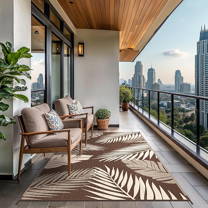 GENIMO Outdoor Rug 6' x 9' Waterproof for Patios Clearance, Reversible Outdoor Plastic Straw Camping Rug Carpet, Large Area Rugs Mats for RV, Camper, Deck, Balcony, Porch, Beach, Picnic, Coffee&Beige