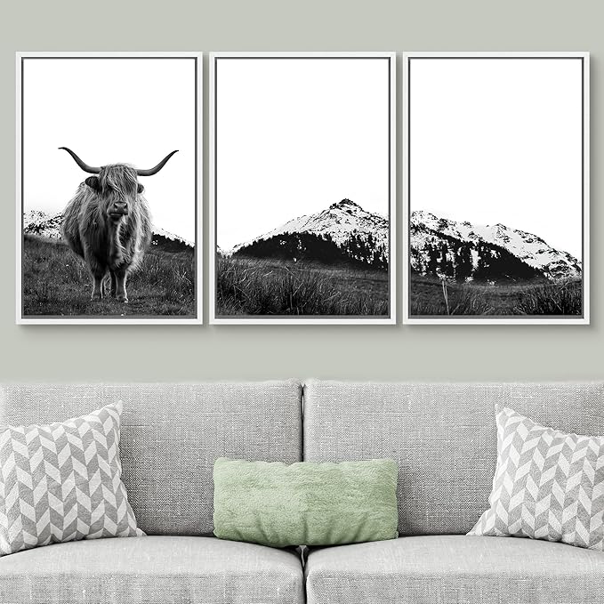 SIGNWIN 3 Piece Framed Canvas Wall Art Highland Cattle in Front of Snowy Mountain Duotone Black and White Canvas Prints Home Artwork Decoration for Living Room,Bedroom - 16"x24"x3 White