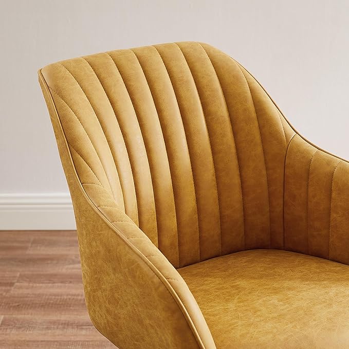 Art Leon Office Chair No Wheels, Mid Century Modern Desk Chair, Swivel Accent Chair with Oak Wood Legs, Faux Leather Upholstered Armchair for Desk, Yellow Brown