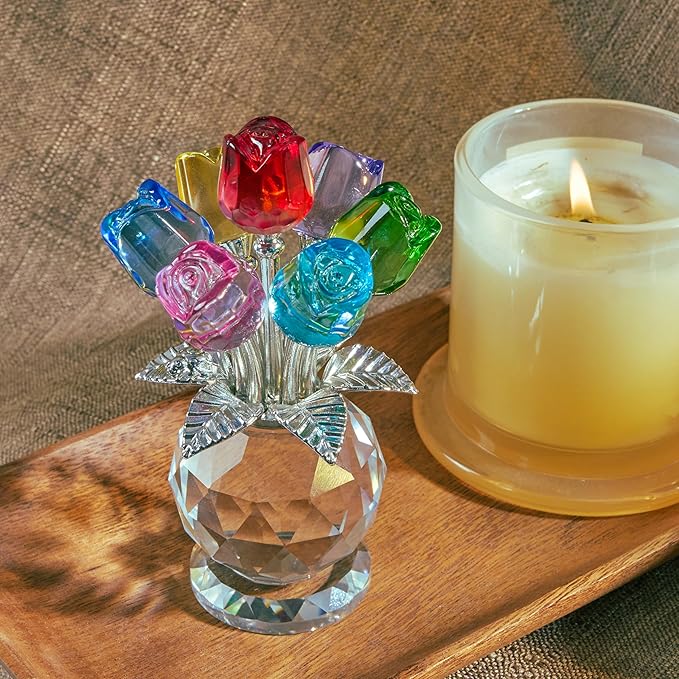 Crystal Colorful Rose Flower Collectible Figurine Glass Flowers with Vase Romantic Gifts for Wife Mom Women on Anniversary