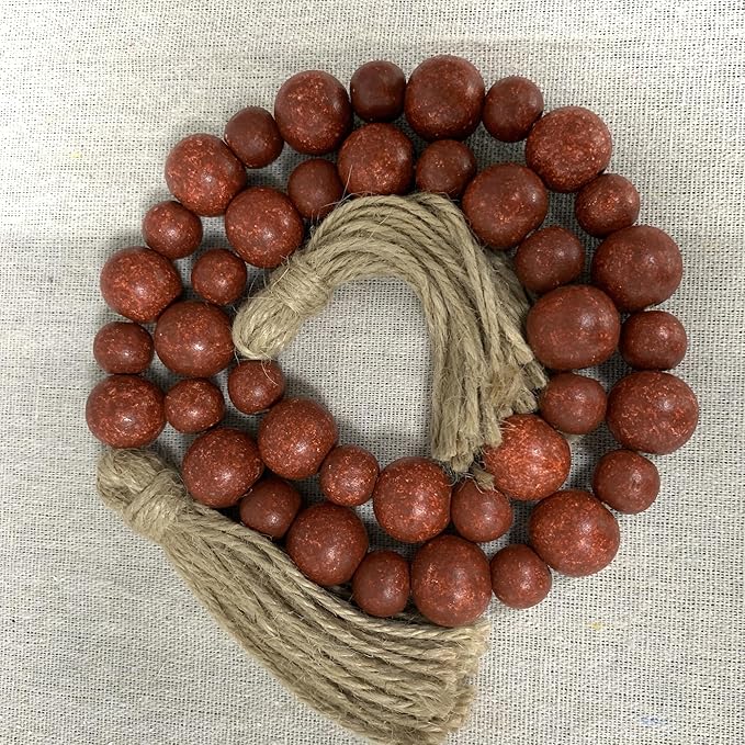 Handcrafted Farmhouse Wooden Decorative Beads Garland, Table Tray Boho Wood Beads with Tassel, Small Rustic Antique Decor for Home and Events (Rustic Red)