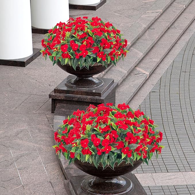 Uqueeten15.7” Fall Decorations for Home Fake Fall Flowers Fake Plants Artificial Impatiens Bouquet Flowers for Outdoors Silk Faux Flowers Impatiens Plants Decor Indoor Planters 8PCS (Red)