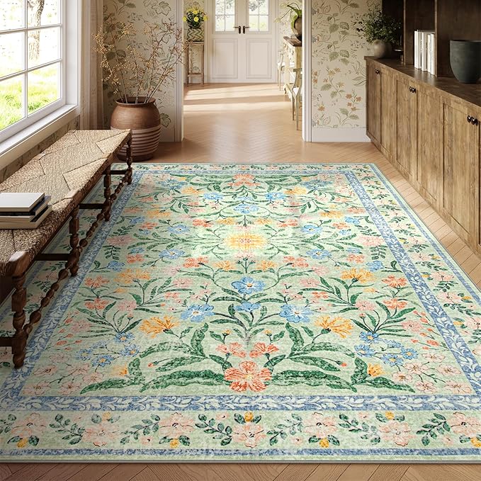 Wonnitar 10x14 Machine Washable Area Rugs, Green Floral Large Rugs for Living Room, Ultra-Thin Foldable Boho Flower Print Bedroom Carpet for Dorm Apartment Office