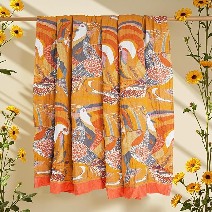 Boho Large Throw Blanket, 100% Organic Cotton Breathable Soft Bed Throw - Floral Bird Farmhouse Decor Blanket for Sofa Couch Chair Quilt and Gift. 60" x 80"- Colorful