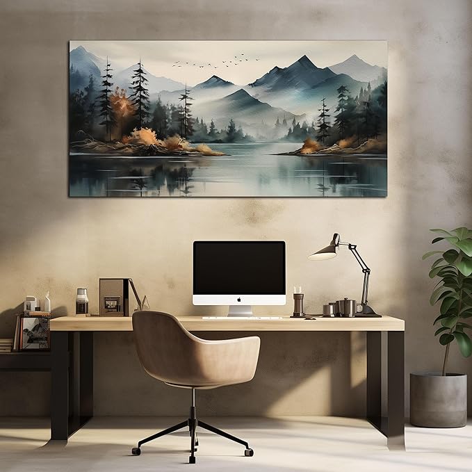 Rustic Wall Art for Living Room Large Size Teal Mountain Tree Landscape Canvas Wall Art for Bedroom Office Decor 29 x 59 Inch