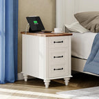 WAMPAT 2 Pack Off White End Table with Charging Station, Wood Side Sofa Table with Drawer and Storage Cabinet, Modern Nightstand with Power Outlets & USB Ports for Living Room, Bedroom