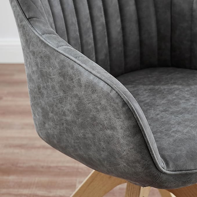 Art Leon Office Chair No Wheels, Mid Century Modern Desk Chair, Swivel Accent Chair with Oak Wood Legs, Faux Leather Upholstered Armchair for Desk, Gray
