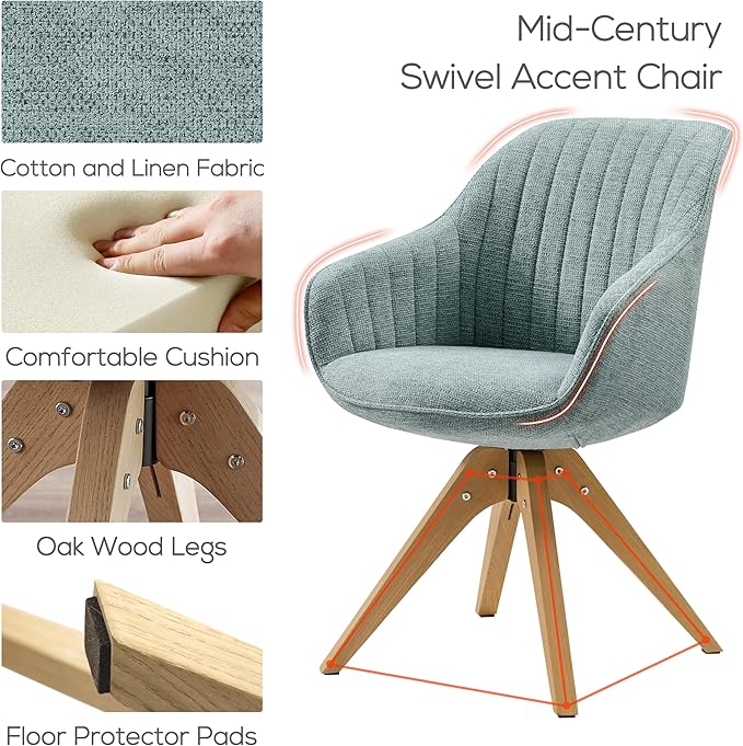 Art Leon Desk Chair No Wheels - Mid Century Modern Office Chair, Swivel Accent Chair with Oak Wood Legs, Fabric Upholstered Arm Chair, Light Blue