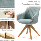Art Leon Desk Chair No Wheels - Mid Century Modern Office Chair, Swivel Accent Chair with Oak Wood Legs, Fabric Upholstered Arm Chair, Light Blue