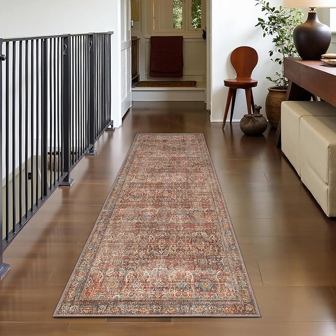 GENIMO 2x5 Runner Rugs for Hallway, Machine Washable Non Slip Vintage Rugs, Low Pile Lightweight Soft Print Rug for enrtyway, Corridor, Home Office, Kitchen, Terracotta Indigo