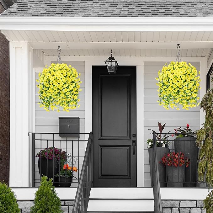 2 PCS Artificial Fall Faux Hanging Flowers Plants for Outdoor Decor,Fake Silk Morning Glory with Eucalyptus UV Resistant Realistic Mums Trailing Vines for Wall Home Porch Patio Balcony Yard,Yellow