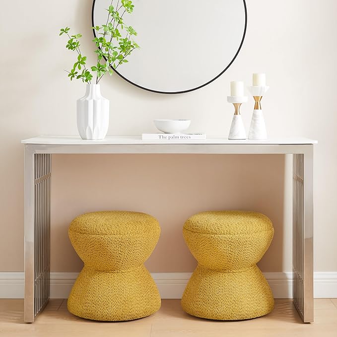 VANOMi Multi-Functional Boucle Ottoman, Vanity Stool Chair, Sturdy Wooden Footstool, Suitable for Living Room, Bedroom, and Entryway, Without Installation, Yellow