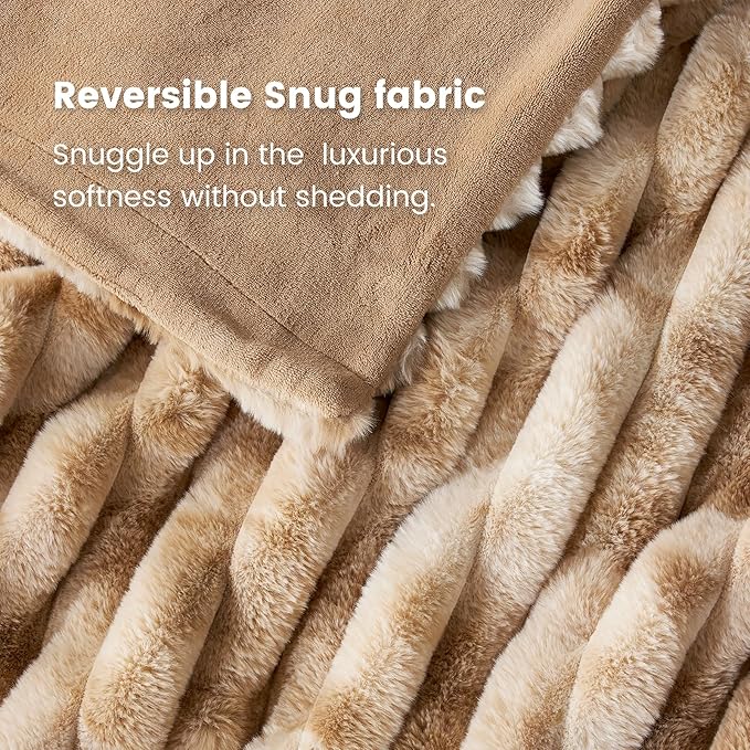 Cozy Bliss Faux Fur Throw Blanket for Couch, Cozy Warm Plush Striped Blanket for Sofa Bedroom Living Room, 60 * 80 Inches Tie-dye Kahki