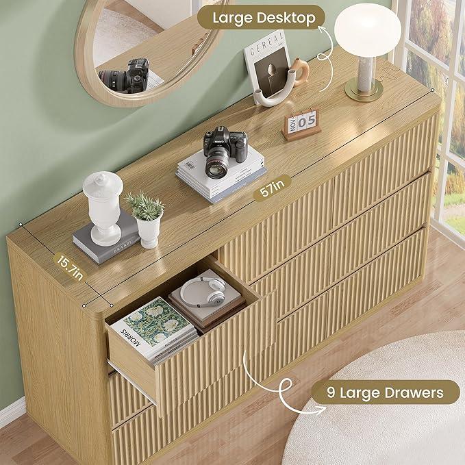 Fluted 9 Drawers Dresser, 57" Wide Dresser for Bedroom, Modern Chest of Drawers with Curved Profile, Handleless, Wood Large Dressers TV Stand with Organizer Storage, Living Room, Natural