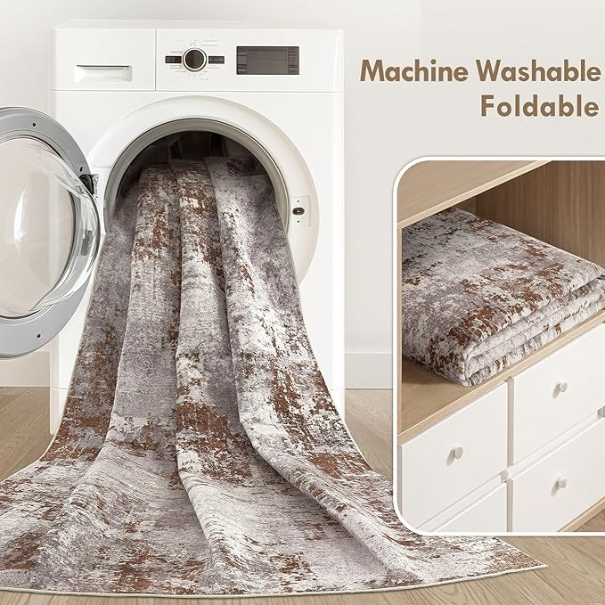 Tortania Washable 5x7 Area Rug for Living Room: Modern Abstract Neutral Large Soft Thin Rugs - Non Slip Indoor Carpet for Bedroom Dining Room Office Nursery Home Floor Decoration - Brown