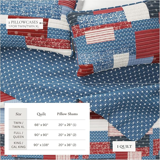 Great Bay Home 3-Piece King/California King Microfiber Quilt Set with Shams - Americana Patchwork Reversible Design - Lightweight, All-Season, Layerable Bedding Set